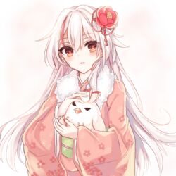  bad_id bad_pixiv_id bird blush chabatake chicken female flower fu_hua fu_hua_(phoenix) hair_flower hair_ornament headpat highres honkai_(series) honkai_impact_3rd japanese_clothes jingwei_(bird) kimono long_hair long_sleeves looking_at_viewer multicolored_hair orange_eyes parted_lips pink_kimono red_flower red_hair smile solo streaked_hair upper_body very_long_hair white_background white_hair wide_sleeves 