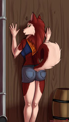  2022 5_fingers 9:16 against_surface against_wall anthro ass balto_(series) barrel black_nose bottomwear breasts canid canine canis claws clothed clothing cutoffs denim denim_bottomwear denim_clothing domestic_dog female finger_claws fingers fur harkrun hi_res humanoid_hands husky inside jenna_(balto) kerchief looking_at_viewer looking_back looking_back_at_viewer mammal neckerchief nordic_sled_dog rear_view red_body red_fur shorts siberian_husky smile solo spitz standing text universal_studios url wall_(structure) wood wood_wall 