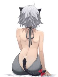  ahoge ameiarts back bow female from_behind highres indie_virtual_youtuber meme_attire reiny_(vtuber) short_hair shoulder_blades simple_background sitting solo tail tail_bow tail_ornament virgin_killer_sweater virtual_youtuber white_background white_hair 