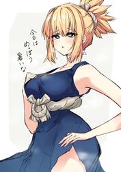  blonde_hair blue_dress blue_eyes blush breasts commentary_request dr._stone dress female gmbird_511 green_eyes hand_on_own_hip highres kohaku_(dr._stone) parted_lips ponytail solo sweat thighs translation_request white_background 