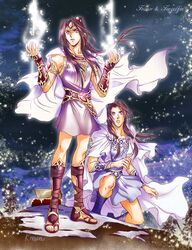  2boys :o bare_shoulders belt brown_hair cape character_name feanor fingolfin floating_hair gem highres holding kazuki-mendou multiple_boys open_mouth ponytail purple_eyes robe sandals signature silmaril_(gem) sparkle standing the_silmarillion toenails tolkien&#039;s_legendarium treasure_chest white_cape 