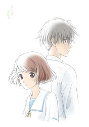  1boy asai_kei back-to-back brown_eyes brown_hair female grey_hair haruki_misora highres sagrada_reset shirt short_hair simple_background suzupom upper_body white_background white_shirt 