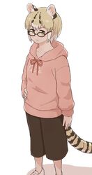  alternate_costume animal_ears blonde_hair brown_hair casual cat_ears cat_girl cat_tail drawstring extra_ears female from_above glasses green_eyes highres hood hood_down hoodie kemono_friends long_sleeves looking_at_viewer margay_(kemono_friends) margay_print pink_hoodie shoes short_hair sneakers solo tail totori_(ttr_oti) white_footwear 