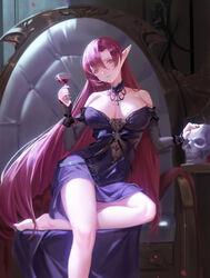  azur_lane bangs bare_shoulders blue_eyes breasts chair cleavage collarbone cup detached_sleeves dress drinking_glass duke_of_york_(azur_lane) duke_of_york_(eternal_night&#039;s_carola)_(azur_lane) earrings female foot_out_of_frame gloves holding holding_cup jewelry large_breasts long_hair looking_at_viewer official_alternate_costume pink_hair pointy_ears red_eyes red_hair sansan_(dongfangzhong111) sitting skull smile solo strapless strapless_dress thighs wine_glass 