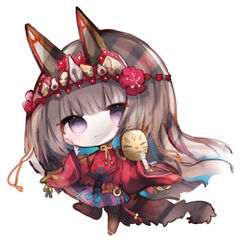  :3 animal_ears bad_id bad_pixiv_id black_footwear black_thighhighs boots brown_hair chibi closed_mouth commentary_request cottontailtokki female flower full_body ginsetsu_great_fox hair_flower hair_ornament headpiece holding holding_mask long_hair long_sleeves mask pleated_skirt purple_eyes purple_skirt red_flower red_shirt shadowverse shirt simple_background skirt sleeves_past_wrists solo standing standing_on_one_leg thigh_boots thighhighs unworn_mask very_long_hair white_background wide_sleeves 