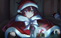  absurdres alternate_costume blue_eyes blush bow capelet chromatic_aberration female frown fur_trim hat heterochromia highres hololive hololive_english irys_(hololive) jan_azure long_hair looking_down meme pointy_ears pondering_my_orb_(meme) purple_eyes red_capelet red_hat santa_hat sitting snow_globe solo tolkien&#039;s_legendarium virtual_youtuber white_bow 