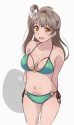  arms_behind_back bikini bow breasts collarbone commentary_request cowboy_shot female green_bikini grey_background grey_hair hairbow halterneck long_hair looking_at_viewer love_live! love_live!_school_idol_project medium_breasts minami_kotori navel o-ring o-ring_bikini o-ring_bottom o-ring_top one_side_up open_mouth orange_eyes side-tie_bikini_bottom solo swimsuit turkey_min white_bow 