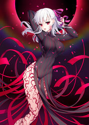  absurdres arms_up bad_id bad_pixiv_id black_dress bow breasts commentary dark_sakura dress fate/stay_night fate_(series) female hairbow heaven&#039;s_feel highres long_hair long_sleeves looking_at_viewer matou_sakura may_(2747513627) medium_breasts nail_polish parted_lips petals pink_bow red_eyes red_lips red_nails solo striped_clothes striped_dress vertical-striped_clothes vertical-striped_dress white_hair 