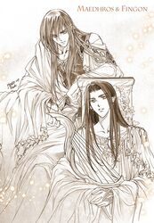  2boys braid brown_theme character_name elf fingon harp highres holding holding_instrument instrument ivy kazuki-mendou long_hair looking_at_viewer maedhros male_focus monochrome multiple_boys parted_lips pointy_ears robe sepia shirt side_braid smile the_silmarillion tolkien&#039;s_legendarium 