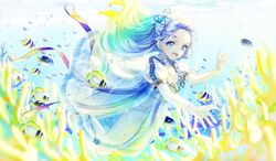  ads_(girls&#039;_frontline) animal bad_id bad_twitter_id barefoot blue_eyes blue_hair blush dress female fish full_body girls&#039;_frontline highres long_hair one_side_up open_mouth prosthesis prosthetic_leg puffy_short_sleeves puffy_sleeves short_sleeves solo songchuan_li symbol-shaped_pupils underwater white_dress 