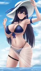  absurdres archstreal bare_shoulders bikini black_hair blue_bikini blue_sky blush breasts choker cleavage collarbone female green_eyes hat highres large_breasts lin_(tower_of_fantasy) long_hair looking_at_viewer navel outdoors sarong sky solo sun_hat swimsuit thighs tower_of_fantasy wading water 