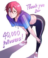  absurdres ass breasts collarbone female hair_between_eyes han_soo-min_(hanny) hanny_(uirusu_chan) highres hood looking_at_viewer milestone_celebration navel original pants red_hair shirt shoes short_hair small_breasts smile solo tekken tekken_7 white_background yoga_pants 