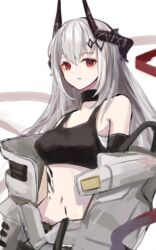  arknights azuazu_0405 black_collar black_sports_bra breasts collar demon_horns female grey_hair hair_ornament highres horns long_hair looking_at_viewer material_growth medium_breasts midriff mudrock_(arknights) mudrock_(elite_ii)_(arknights) navel oripathy_lesion_(arknights) parted_lips red_eyes red_ribbon ribbon simple_background solo sports_bra upper_body white_background 