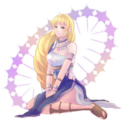  ancient_greek_clothes armlet bad_id bad_pixiv_id blonde_hair bracelet closed_mouth commentary_request dancer dancer_(fire_emblem:_three_houses) dress female fire_emblem fire_emblem:_three_houses gladiator_sandals greco-roman_clothes green_eyes highres ingrid_brandl_galatea jewelry long_hair riou_(pooh920) sandals single-shoulder_dress sitting solo 