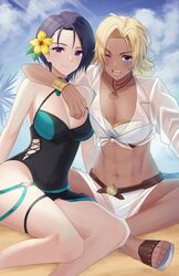  2girls abs beach bikini black_hair blonde_hair blue_eyes bracelet breasts casual_one-piece_swimsuit catherine_(fire_emblem) catherine_(summer)_(fire_emblem) cloud crossed_legs dark-skinned_female dark_skin doiparuni english_commentary fire_emblem fire_emblem:_three_houses fire_emblem_heroes flower hair_flower hair_ornament halterneck highres jewelry looking_at_viewer medium_breasts multiple_girls muscular muscular_female navel necklace official_alternate_costume one-piece_swimsuit one_eye_closed open_mouth ponytail sandals shamir_nevrand shamir_nevrand_(summer) short_hair sitting smile stomach swimsuit teeth thigh_strap toes 