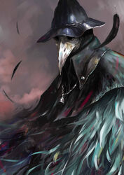  abstract_background absurdres beak bell bloodborne collared_jacket cracker eileen_the_crow feathers female food hat highres hukutuuprunes jacket mask plague_doctor_mask 