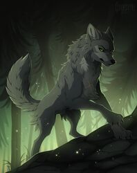  2018 ambiguous_gender black_nose canid canine canis claws detailed_background digital_media_(artwork) feral fur green_eyes grey_body grey_fur hi_res hioshiru looking_at_viewer mammal paws rock smile solo tsume_(wolf&#039;s_rain) wolf wolf&#039;s_rain 