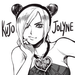  braid character_name commentary_request double_bun eyelashes female hair_bun hair_over_one_eye halterneck head_rest jojo_no_kimyou_na_bouken kujo_jolyne monochrome multicolored_hair otosama smile solo spider_web_print stone_ocean two-tone_hair upper_body 