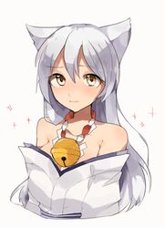  animal_ears bad_id bad_pixiv_id bell female fox_ears genderswap_(mtf) grey_hair gugure!_kokkuri-san kokkuri-san_(gugukoku) long_hair rule_63 simple_background solo sora_jiro upper_body white_background yellow_eyes 