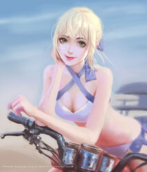  artist_name artoria_pendragon_(all) artoria_pendragon_(swimsuit_archer) bangs bicycle bikini blonde_hair blue_bow bow breasts cleavage closed_mouth commentary dated english_commentary fate/grand_order fate_(series) green_eyes ground_vehicle hairbow highres lipstick looking_at_viewer makeup mars_foong medium_breasts pink_lipstick short_hair smile solo speedpaint swimsuit white_bikini 