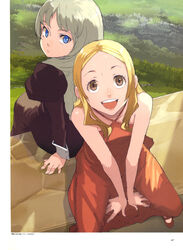  2girls absurdres baccano! blonde_hair blue_eyes brown_eyes dress enami_katsumi ferret_von_balstein happy highres long_hair looking_up miria_harvent multiple_girls official_art photoshop_(medium) red_dress scan sitting vamp! 