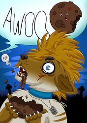  2017 anthro awoo brown_body brown_fur brown_stripes candy canid canine canis cemetery chibi chocolate claws collar dessert digital_media_(artwork) dog_tags domestic_dog eating english_text food fur halloween holding_object holidays howl husky jewelry male mammal moon multicolored_body multicolored_fur necklace nomming nordic_sled_dog signature simple_background solo spitz striped_body striped_fur stripes text thebadnewsbear tombstone transformation uhoh were werecanid werecanine weredog werehusky white_body white_claws white_fur wolf 