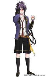  1boy amazake_(drink) black_socks bottle commentary_request fudou_yukimitsu kneehighs male_focus minato_(robin) necktie nitroplus official_art open_mouth ponytail purple_eyes purple_hair shorts socks solo sword touken_ranbu weapon 