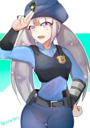  bad_id bad_pixiv_id belt body_armor contrapposto female grey_hair hand_on_own_hip hat highres humanization judy_hopps kowaremashita long_hair open_mouth pink_eyes police police_badge police_hat police_uniform policewoman pouch salute smile solo standing twintails uniform zootopia 