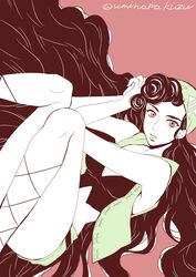  bad_id bad_pixiv_id bandana black_hair breasts cleavage commentary_request female green_lips highres jojo_no_kimyou_na_bouken jojolion limited_palette lipstick long_hair makeup medium_breasts red_eyes sakunami_karera short_shorts shorts solo twitter_username umino_mo_kuzu very_long_hair vest 