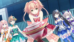  5girls aria_(omega_quintet) black_eyes black_hair hair_ornament highres kanadeko kyouka_(omega_quintet) midriff multiple_girls nene_(omega_quintet) omega_quintet open_mouth otoha_(omega_quintet) purple_eyes ribbon short_hair skirt twintails two_side_up white_hair yellow_eyes 