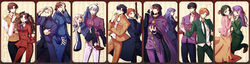  4girls 6+boys absurdres beard black_hair blazer blonde_hair blue_eyes brown_hair cape carrying choker cigarette closed_eyes comb commentary_request cosplay costume_switch cross cross_necklace cross_print dress emiya_kiritsugu emiya_kiritsugu_(cosplay) emiya_shirou facial_hair fate/stay_night fate/zero fate_(series) formal glasses gloves green_eyes gun hair_ribbon handgun highres holding_hands homurahara_academy_school_uniform hood illyasviel_von_einzbern illyasviel_von_einzbern_(cosplay) jacket jewelry kayneth_el-melloi_archibald kayneth_el-melloi_archibald_(cosplay) kotomine_kirei kotomine_kirei_(cosplay) kuzuki_souichirou kuzuki_souichirou_(cosplay) matou_kariya matou_kariya_(cosplay) matou_sakura matou_sakura_(cosplay) medea_(fate) medea_(fate)_(cosplay) multiple_boys multiple_girls necklace one_eye_closed open_mouth orange_hair pointy_ears princess_carry purple_eyes purple_hair ribbon school_uniform short_hair sleeves_past_wrists smile smoking suit thompson/center_contender tohsaka_rin tohsaka_rin_(cosplay) tohsaka_tokiomi tohsaka_tokiomi_(cosplay) twintails uryuu_ryuunosuke uryuu_ryuunosuke_(cosplay) waver_velvet waver_velvet_(cosplay) weapon white_gloves white_hair yellow_eyes yukihime_(mofumofu2225) 