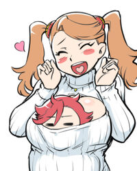  1boy =_= blush_stickers breasts brown_hair cleavage_cutout closed_eyes clothing_cutout commentary_request female gundam gundam_build_fighters gundam_build_fighters_try heart heart_in_mouth kamiki_sekai large_breasts meme_attire open-chest_sweater red_hair ribbed_sweater sazaki_kaoruko shared_clothes shared_sweater smile sweater turtleneck twintails ueyama_michirou 