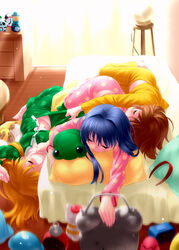  3girls alarm_clock backlighting barefoot bed blonde_hair blue_hair blurry brown_hair clock commentary_request frog hair_intakes hairband highres kanon long_hair lying minase_nayuki motion_blur multiple_girls navel on_side pajamas pajamas_pull panties photoshop_(medium) pillow sawatari_makoto short_hair sleeping stuffed_animal stuffed_frog stuffed_toy tsukimiya_ayu underwear unworn_hairband zen_(kamuro) 