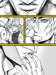  dio_brando earrings halterneck hand_kiss hand_on_another&#039;s_face jewelry jojo_no_kimyou_na_bouken kissing male_focus merumeru626 monochrome stand_(jojo) stardust_crusaders the_world translation_request yaoi 