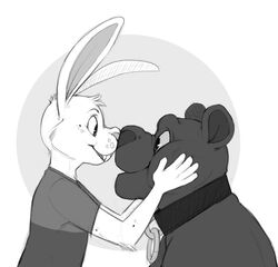  2014 abstract_background anthro black_collar black_nose boop clothed clothing collar cubi cubi_(characters) cubi_(rabbit) digital_drawing_(artwork) digital_media_(artwork) duo felid flir_(panther) fur greyscale lagomorph latex latex_creature leporid living_latex long_ears male mammal melanistic monochrome pantherine rabbit romantic romantic_couple shirt simple_background smile topwear white_background white_body white_fur 