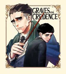  2boys black_eyes black_hair black_necktie border bowl_cut bright_pupils character_name coat commentary_request credence_barebone fantastic_beasts_and_where_to_find_them highres looking_at_viewer male_focus multiple_boys necktie no_pupils percival_graves projected_inset sad shibata_yuusaku short_hair simple_background tan_background traditional_media undercut wizarding_world 