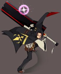  1boy bandages belt black_hair black_pants blazblue blazblue:_chronophantasma boots cape commentary_request fighting_stance forked_eyebrows highres huge_weapon kagura_mutsuki matsutake_(nodamiki) pants smile sword weapon 