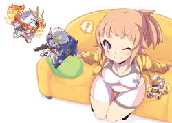  ! beam_rifle bike_shorts blue_eyes blush breasts build_burning_gundam chibi commentary_request couch energy_gun female from_above gundam gundam_build_fighters gundam_build_fighters_try haro hoshino_fumina large_breasts lightning_gundam midriff navel one_eye_closed orange_hair ponytail rikumaru shield sitting sweatdrop thigh_gap weapon winning_gundam 