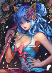  absurdres animal_ears armpits artist_name blue_eyes blue_hair blue_shirt bow breasts cat_ears cleavage commentary copyright_request english_commentary flower hair_flower hair_ornament hairclip hand_on_hip highres leaf lips lipstick long_hair looking_at_viewer makeup mars_foong orange_flower orange_rose parted_lips pink_bow pink_flower pink_rose purple_skirt red_lipstick rose shiny shiny_hair shirt skirt solo sparkle 