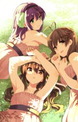  3girls :d angel_beats! antenna_hair armpits bare_shoulders brown_dress brown_eyes brown_hair clannad clip_studio_paint_(medium) collarbone comiket_87 commentary_request company_connection crossover dress furukawa_nagisa grass green_eyes hairband key_(company) little_busters! long_hair looking_at_viewer lying multiple_crossover multiple_girls nakamura_yuri natsume_rin on_stomach open_mouth short_hair smile takumi_(scya) 