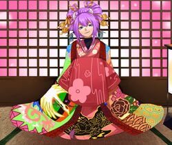  1boy amane_nishiki androgynous bad_id bad_pixiv_id blazblue blue_eyes eyeshadow hair_ornament japanese_clothes jerun kanzashi kikkoumon kimono layered_clothes layered_kimono makeup male_focus nihongami obi oiran otoko_no_ko purple_hair sash seigaiha sitting smile solo tatami 