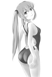  ass commentary_request competition_swimsuit female from_behind greyscale long_hair looking_back monochrome one-piece_swimsuit original racerback smile solo swimsuit tk4 twintails 