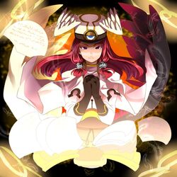  bad_id bad_pixiv_id blazblue blue_eyes book cape feathers female gloves hair_tubes hat jerun long_hair open_book red_hair solo tsubaki_yayoi uniform 