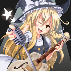  blonde_hair blush bow braid commentary_request female guitar hairbow hat instrument kirisame_marisa long_hair microphone microphone_stand nekotama_shun one_eye_closed open_mouth shure_55sh smile solo star_(symbol) touhou witch_hat yellow_eyes 