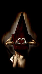  1boy arok318 blood gloves great_knife hat heart heart_hands helmet knife male_focus photoshop_(medium) pyramid_head silent_hill_(series) silent_hill_2 solo source_request sword weapon 