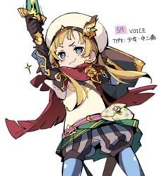  :3 bad_id bad_pixiv_id blonde_hair blue_eyes bright_pupils cabbie_hat cape commentary_request fantasy female gloves hat hero_(sekaiju) hero_4_(sekaiju) holding holding_sword holding_weapon ixy puffy_shorts sekaiju_no_meikyuu sekaiju_no_meikyuu_x shield shorts solo sword weapon white_background white_pupils 