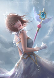  absurdres bangs breasts brown_hair cardcaptor_sakura cloud cloudy_sky commentary crown dated day dress english english_commentary feathers from_side gloves gold_trim green_eyes hair_between_eyes highres holding holding_wand kinomoto_sakura lips mars_foong medium_breasts no_pupils outdoors parted_lips realistic short_hair sky sleeveless sleeveless_dress solo sunlight wand white_dress white_gloves wind wind_lift yume_no_tsue 