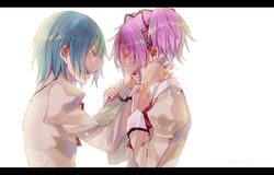  2girls bad_id bad_pixiv_id blue_hair closed_eyes hair_ribbon highres kaname_madoka letterboxed mahou_shoujo_madoka_magica mahou_shoujo_madoka_magica_(anime) miki_sayaka mitakihara_school_uniform multiple_girls open_mouth pink_hair ribbon school_uniform short_hair sumi_(38page) tears 