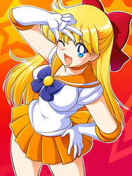  ;d aino_minako anime_coloring bishoujo_senshi_sailor_moon blonde_hair blue_bow blue_eyes bow choker commentary_request cowboy_shot elbow_gloves female gloves gradient_background hairbow half_updo long_hair looking_at_viewer magical_girl one_eye_closed open_mouth orange_choker orange_sailor_collar orange_skirt photoshop_(medium) pleated_skirt red_bow sailor_collar sailor_senshi_uniform sailor_venus shiny_skin skirt smile solo star_(symbol) starry_background tanuki_yousuke v white_gloves 