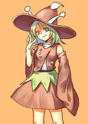  1other amanomori_shou androgynous antennae bad_id bad_twitter_id commentary_request detached_sleeves dress green_hair hat len&#039;en orange_eyes other_focus short_hair smile solo wei_li 